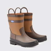 Pair of brown and beige rubber boots on a light grey background